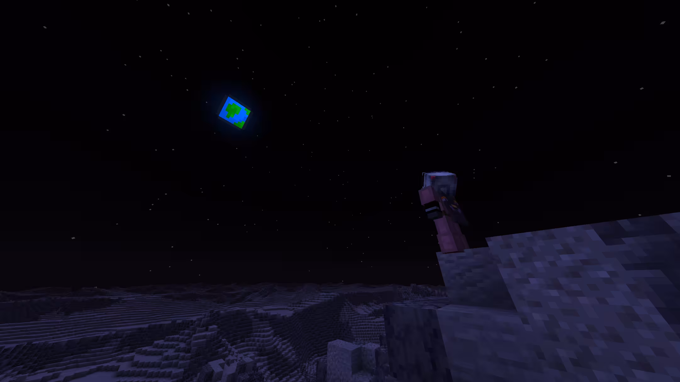 minecraft player on moon looking back at earth
