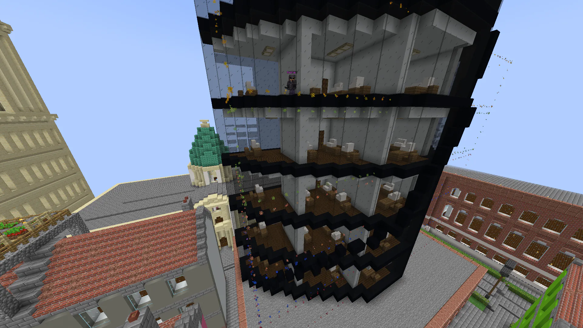 Apartment tower with each quarter outlined in particles