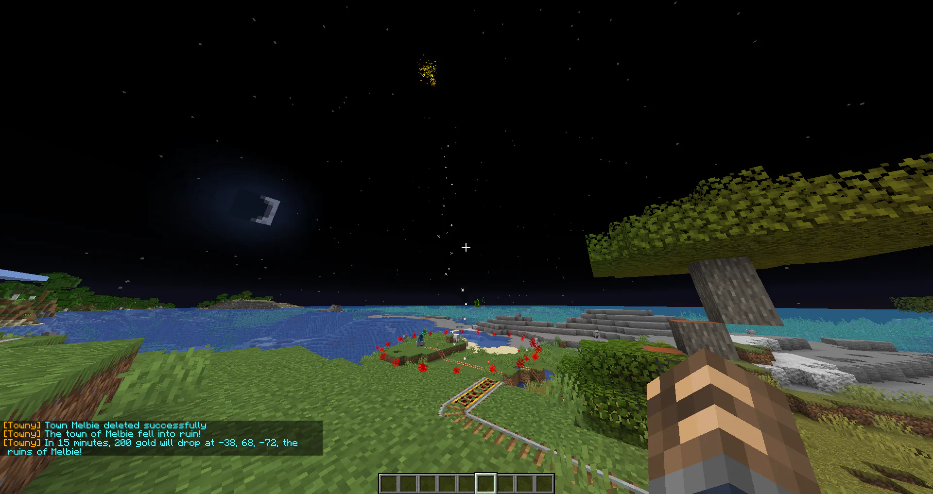 Fireworks over a fallen town's former spawn, where its bank gold dropped