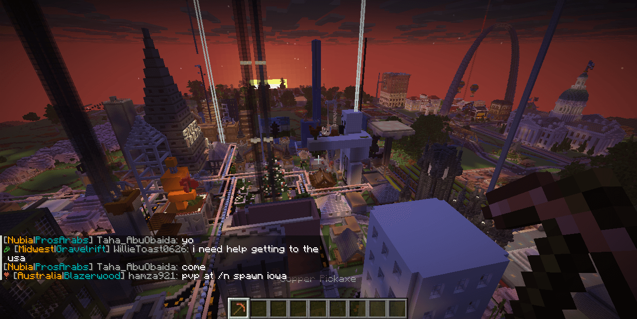 Minecraft sunset over a town